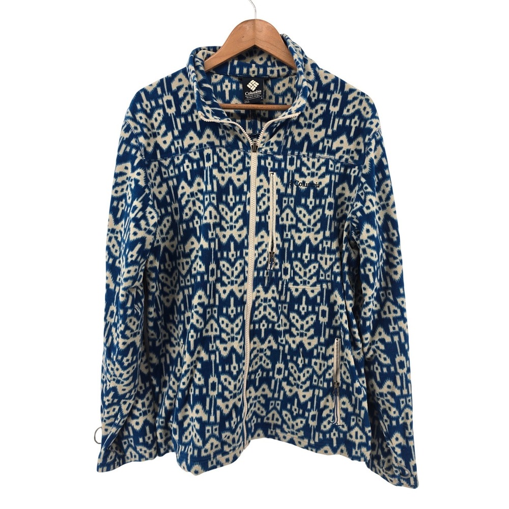 Columbia Fleece Jacket Women Large Blue Ikat Geometric Full Zip Interchange Mock